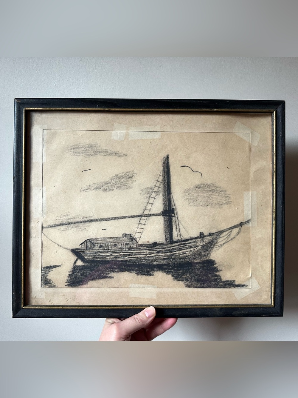 Framed Charcoal Sailboat Sketch Nautical
